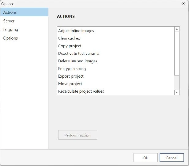 Available project actions in the Windows Options dialog
