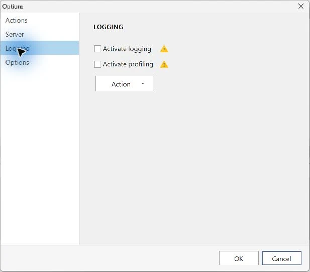 Logging page with Activate logging, Activate profiling and the Action menu